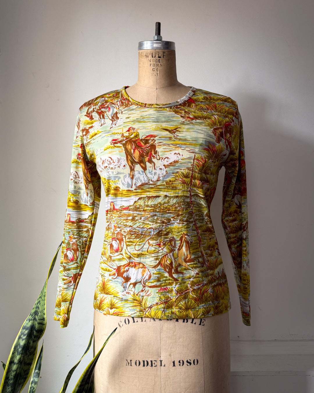 70s Novelty Western Horses & Cowboys Print Long Sleeve Top / M