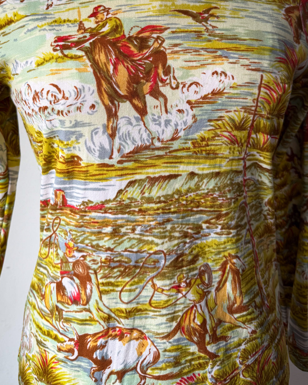 70s Novelty Western Horses & Cowboys Print Long Sleeve Top / M