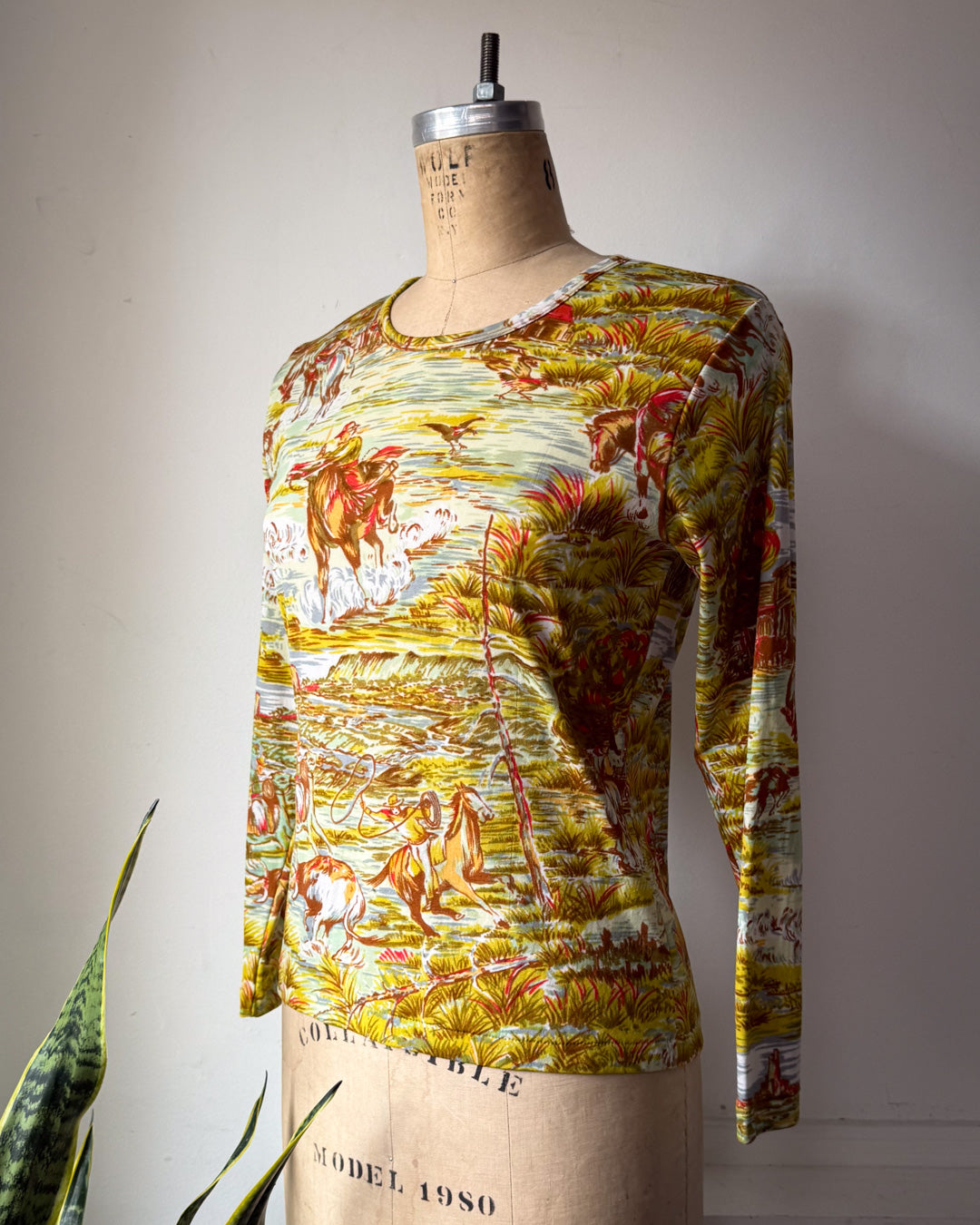 70s Novelty Western Horses & Cowboys Print Long Sleeve Top / M