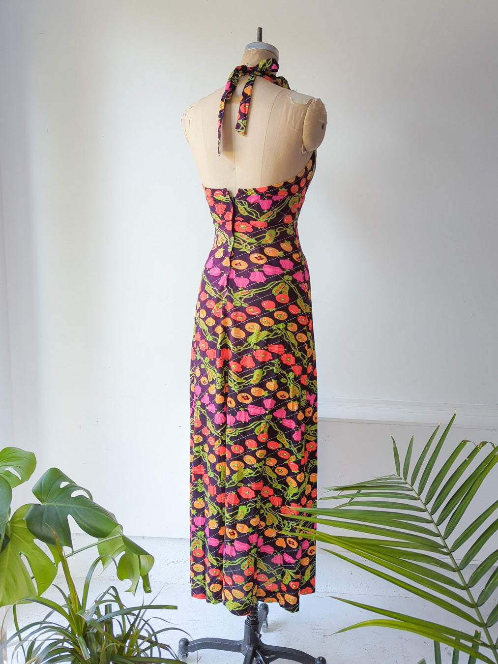 70s Neon Veggies Maxi Dress / S