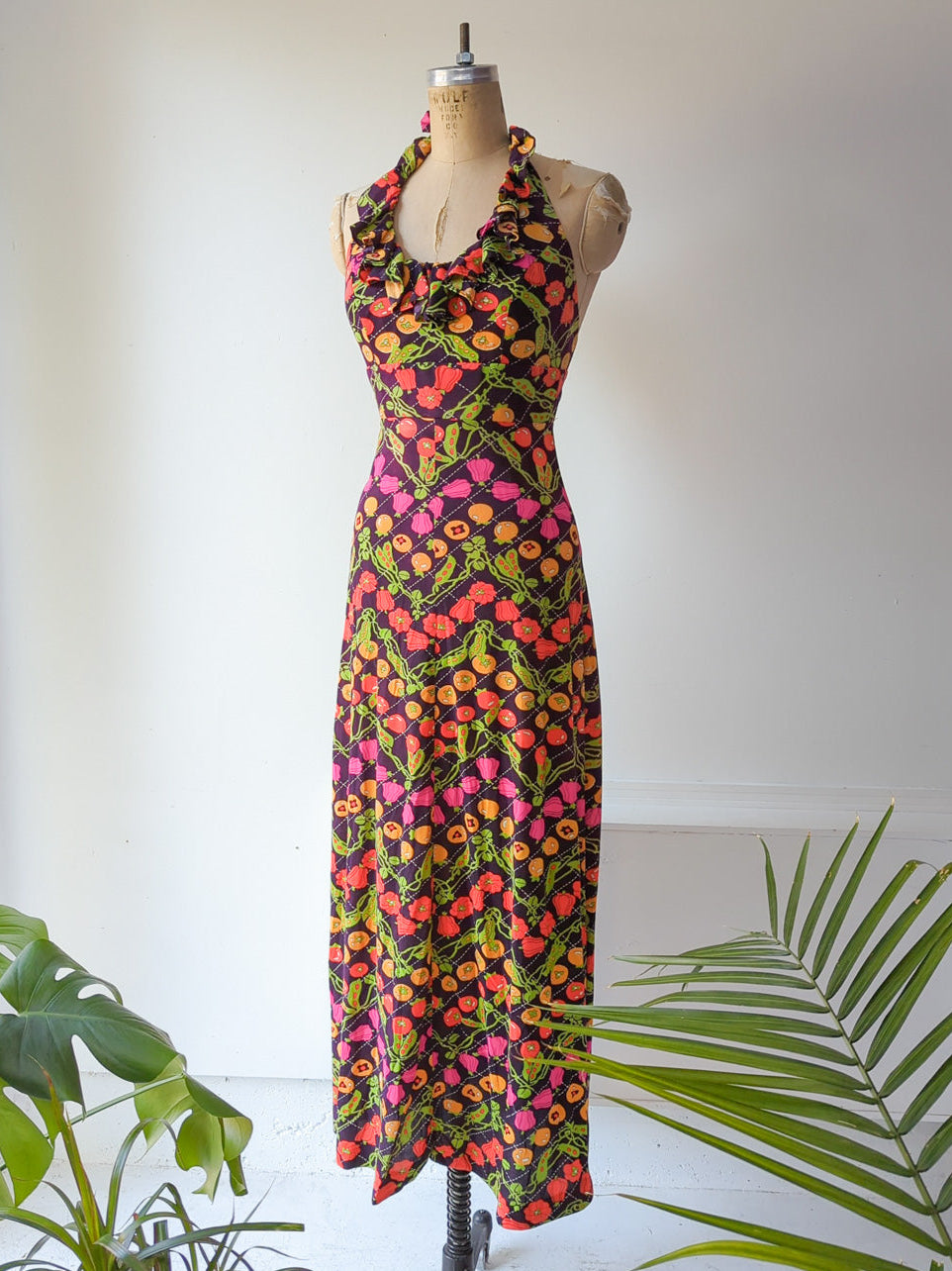 70s Neon Veggies Maxi Dress / S