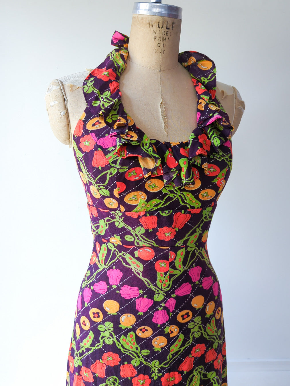 70s Neon Veggies Maxi Dress / S