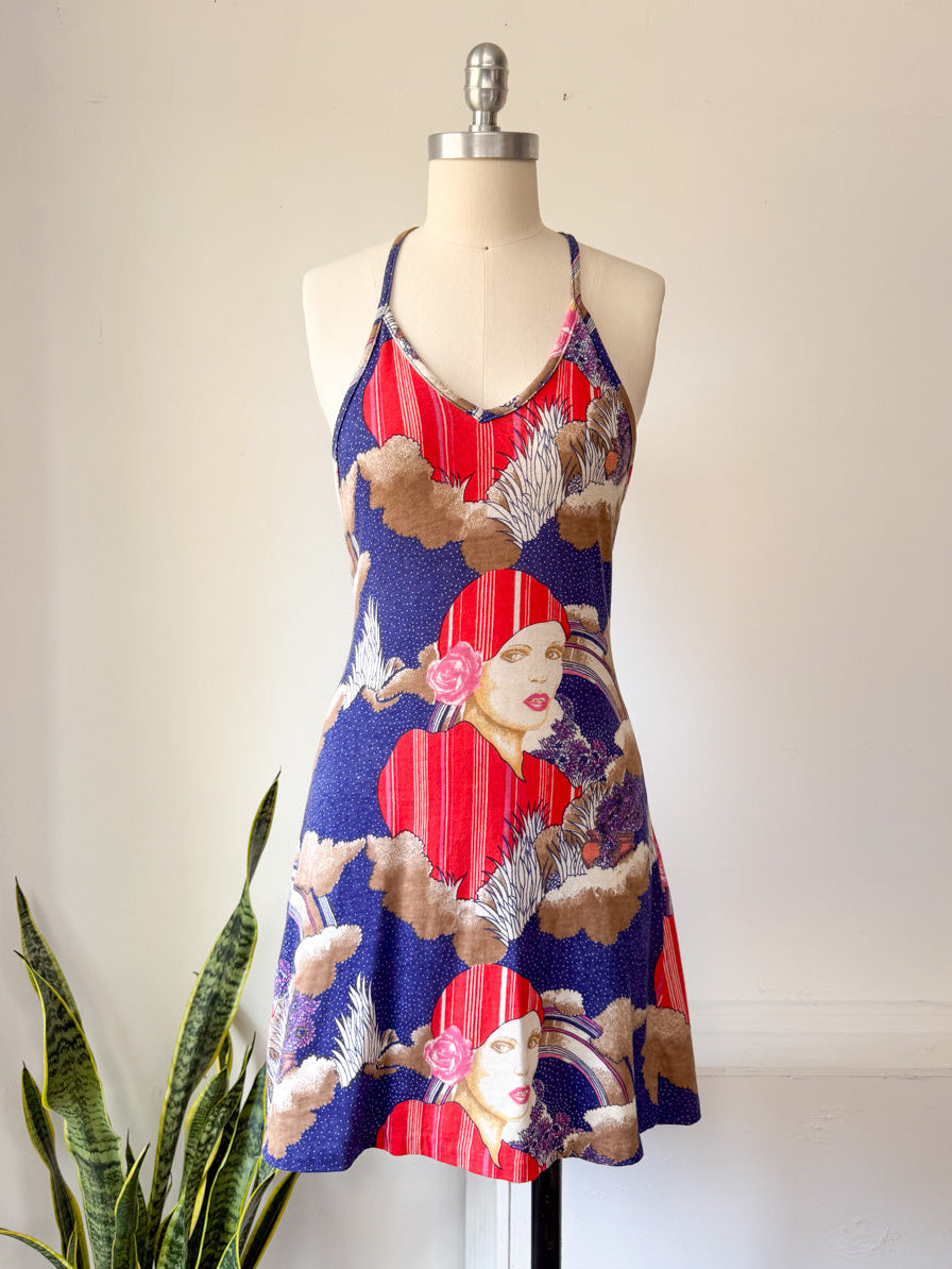 70s Deco Lady Novelty Halter Mini Dress / S