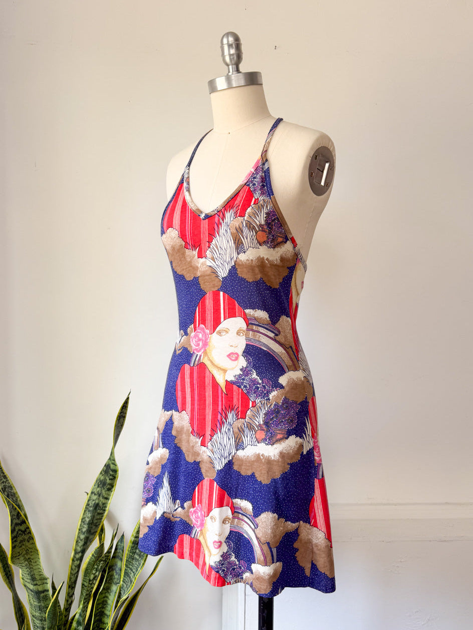 70s Deco Lady Novelty Halter Mini Dress / S