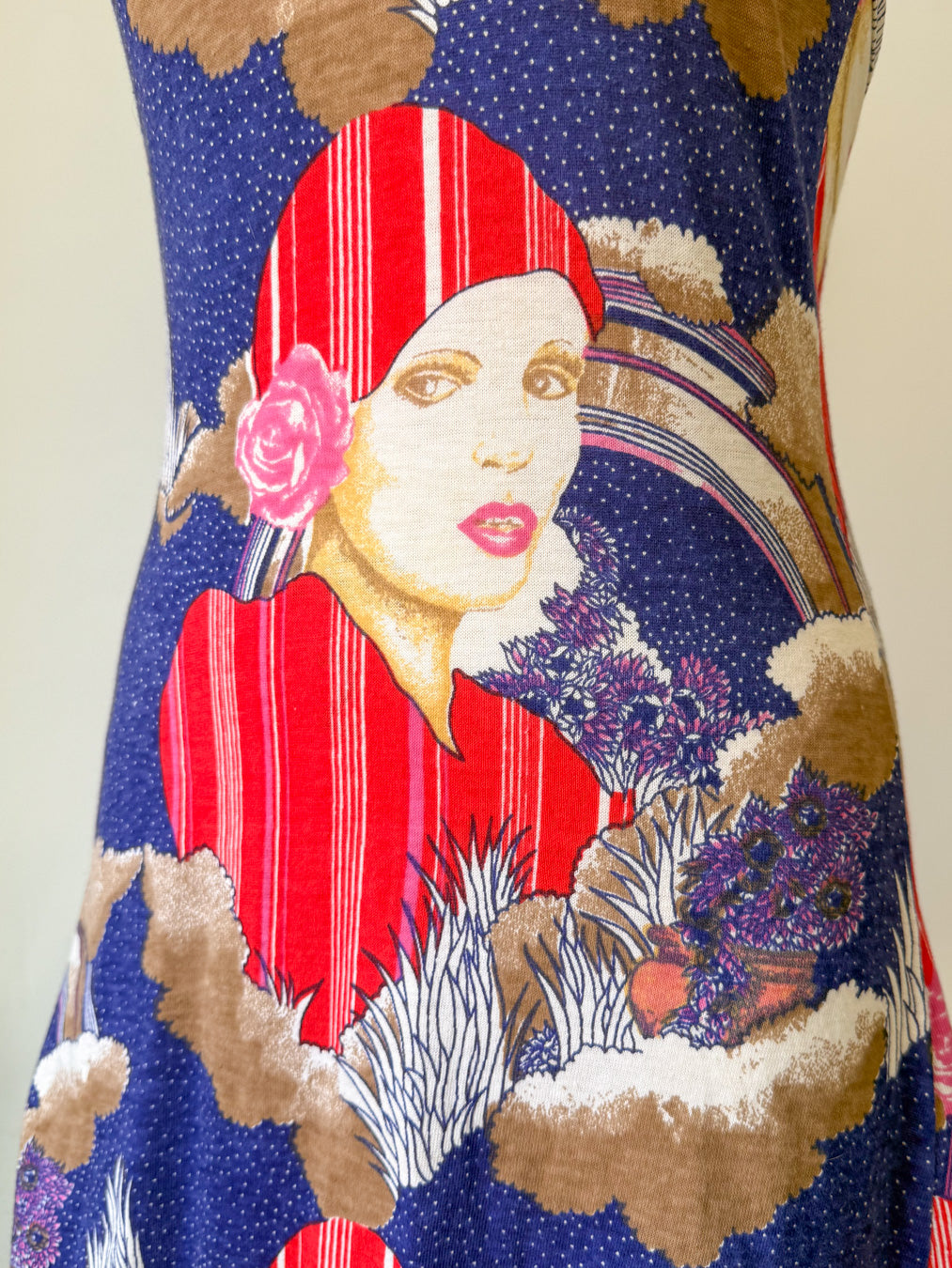 70s Deco Lady Novelty Halter Mini Dress / S