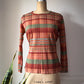 70s Peach Plaid Print Long Sleeve Knit Top / M
