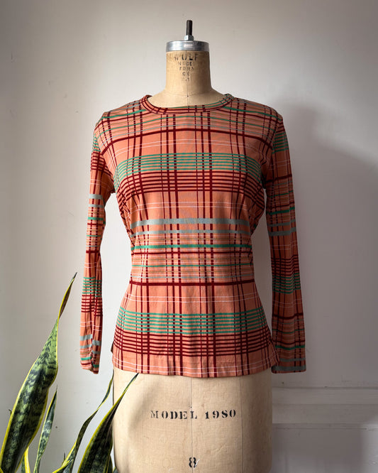70s Peach Plaid Print Long Sleeve Knit Top / M