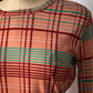 70s Peach Plaid Print Long Sleeve Knit Top / M