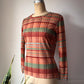 70s Peach Plaid Print Long Sleeve Knit Top / M
