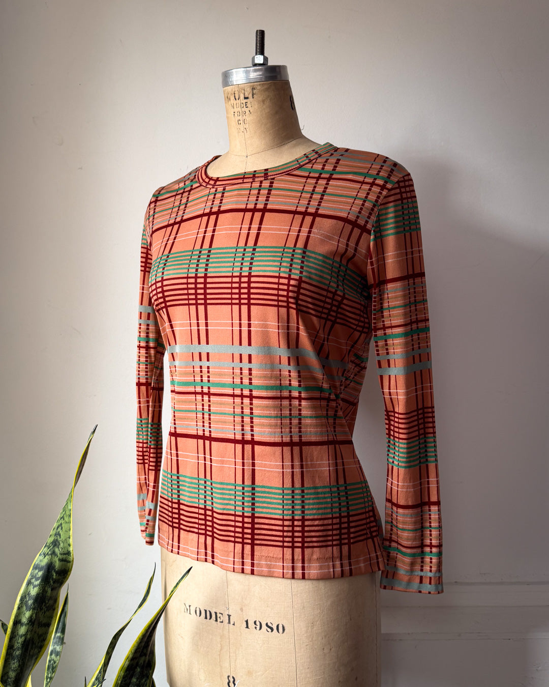 70s Peach Plaid Print Long Sleeve Knit Top / M