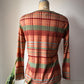 70s Peach Plaid Print Long Sleeve Knit Top / M