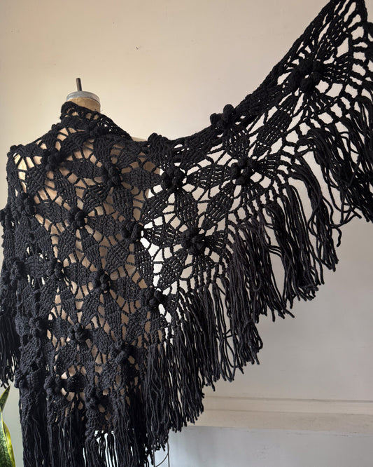 60s Black 3D Flower Crochet Fringe Shawl