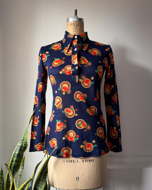 70s Navy Blue Floral Knit Collared Top / M