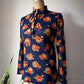 70s Navy Blue Floral Knit Collared Top / M
