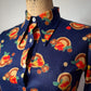 70s Navy Blue Floral Knit Collared Top / M