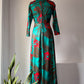 70s Teal Green & Red Bold Floral Print Maxi Dress / M