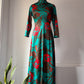 70s Teal Green & Red Bold Floral Print Maxi Dress / M