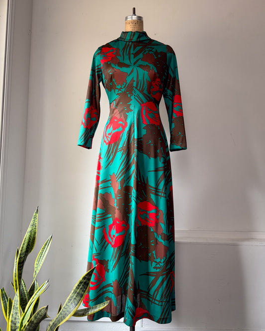 70s Teal Green & Red Bold Floral Print Maxi Dress / M