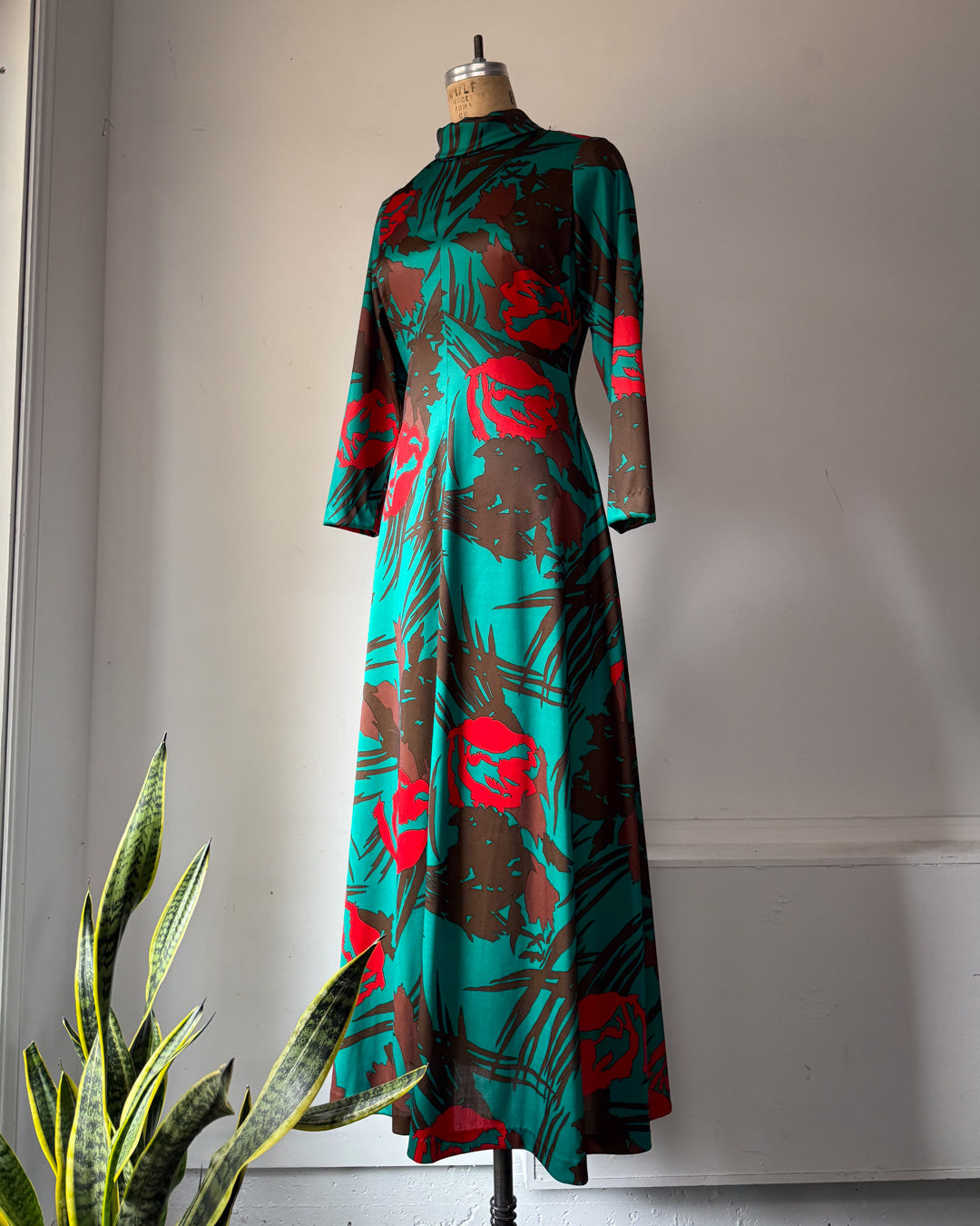 70s Teal Green & Red Bold Floral Print Maxi Dress / M