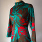 70s Teal Green & Red Bold Floral Print Maxi Dress / M