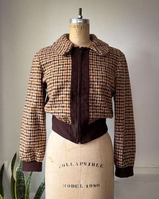 70s Brown Plaid Check Wool Cropped Jacket / M