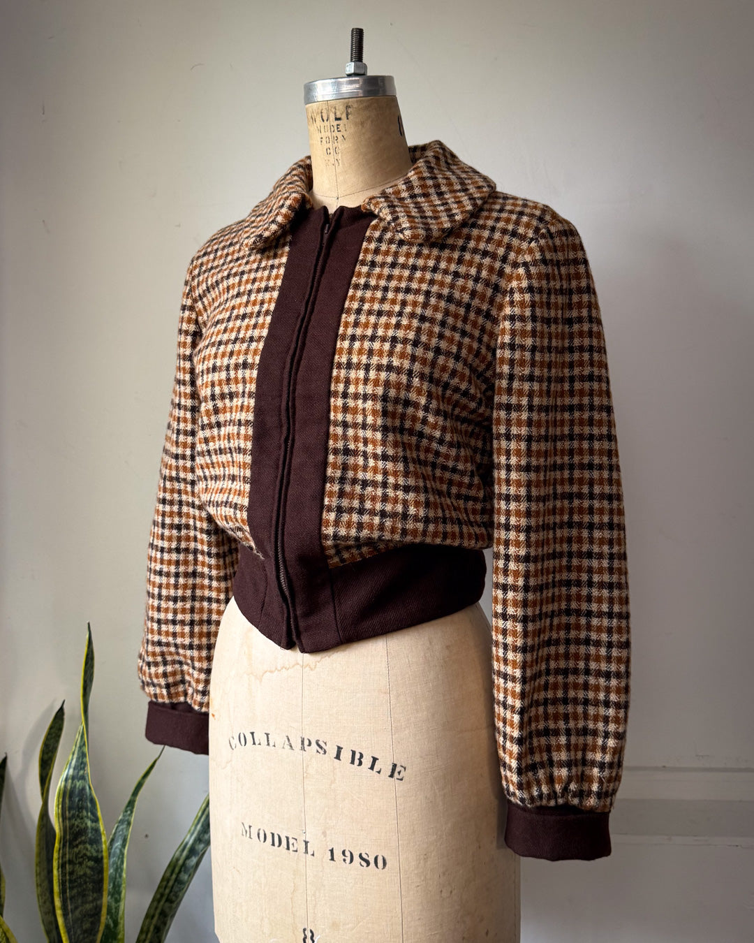 70s Brown Plaid Check Wool Cropped Jacket / M