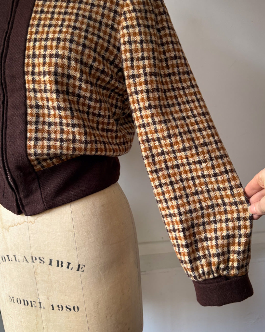 70s Brown Plaid Check Wool Cropped Jacket / M