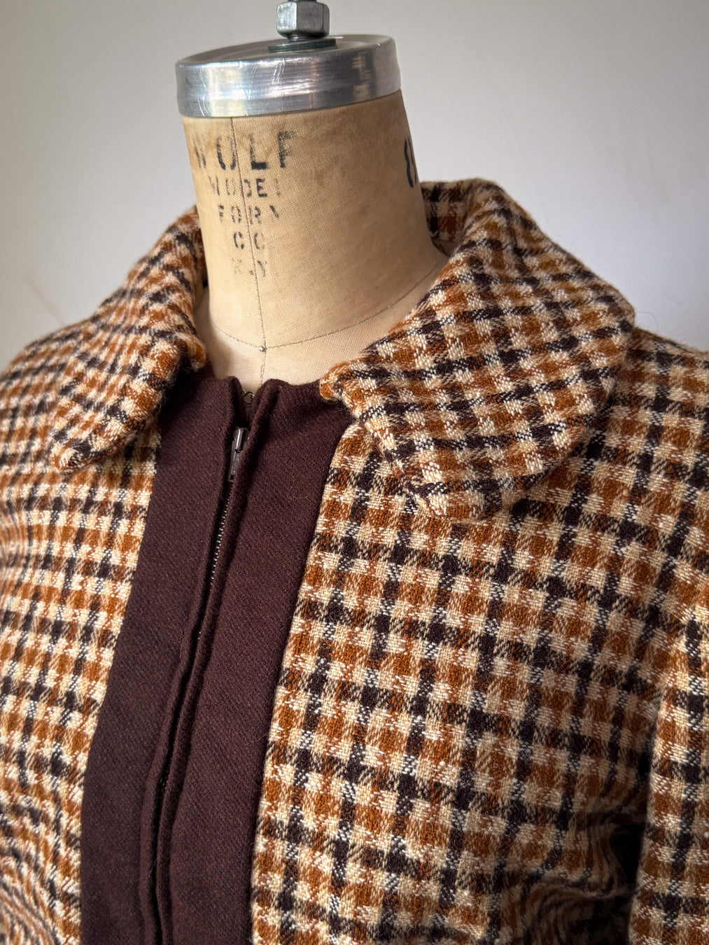 70s Brown Plaid Check Wool Cropped Jacket / M