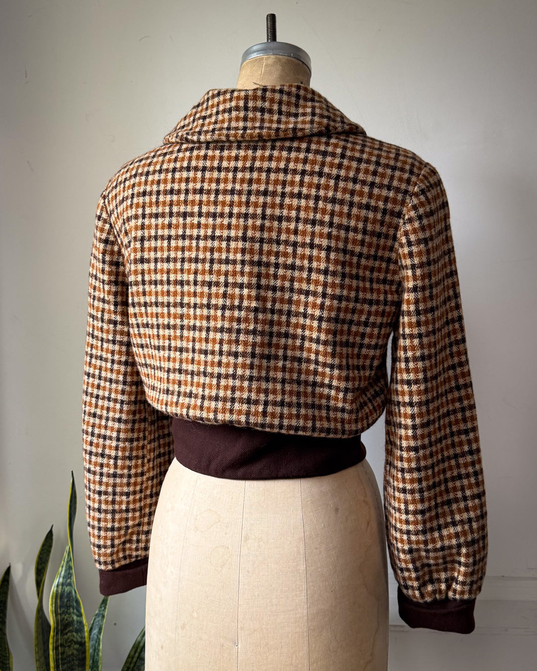 70s Brown Plaid Check Wool Cropped Jacket / M