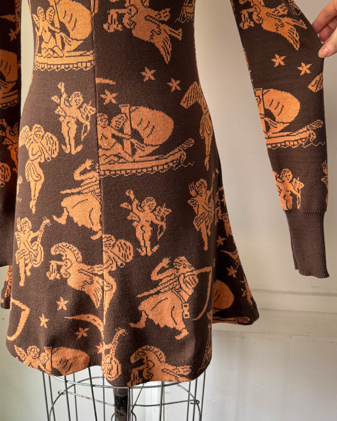 70s Novelty People Knit Dress / S