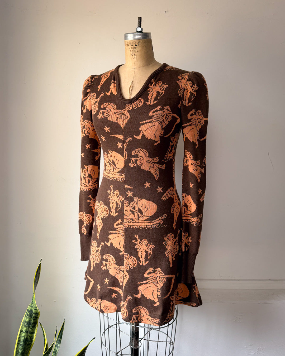 70s Novelty People Knit Dress / S