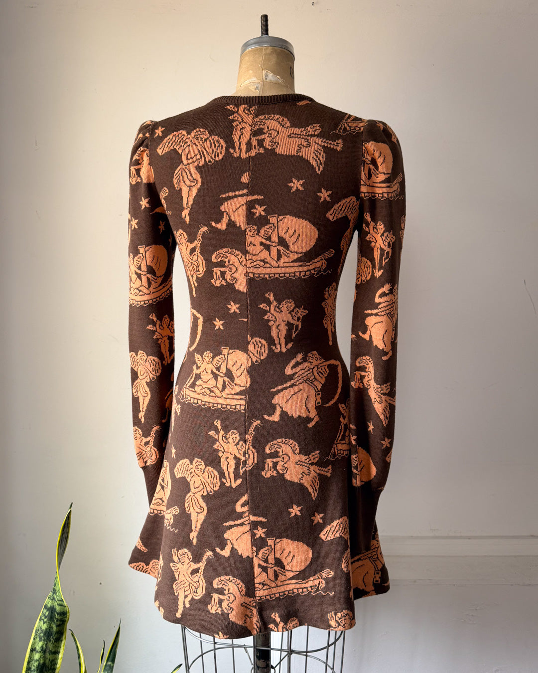 70s Novelty People Knit Dress / S