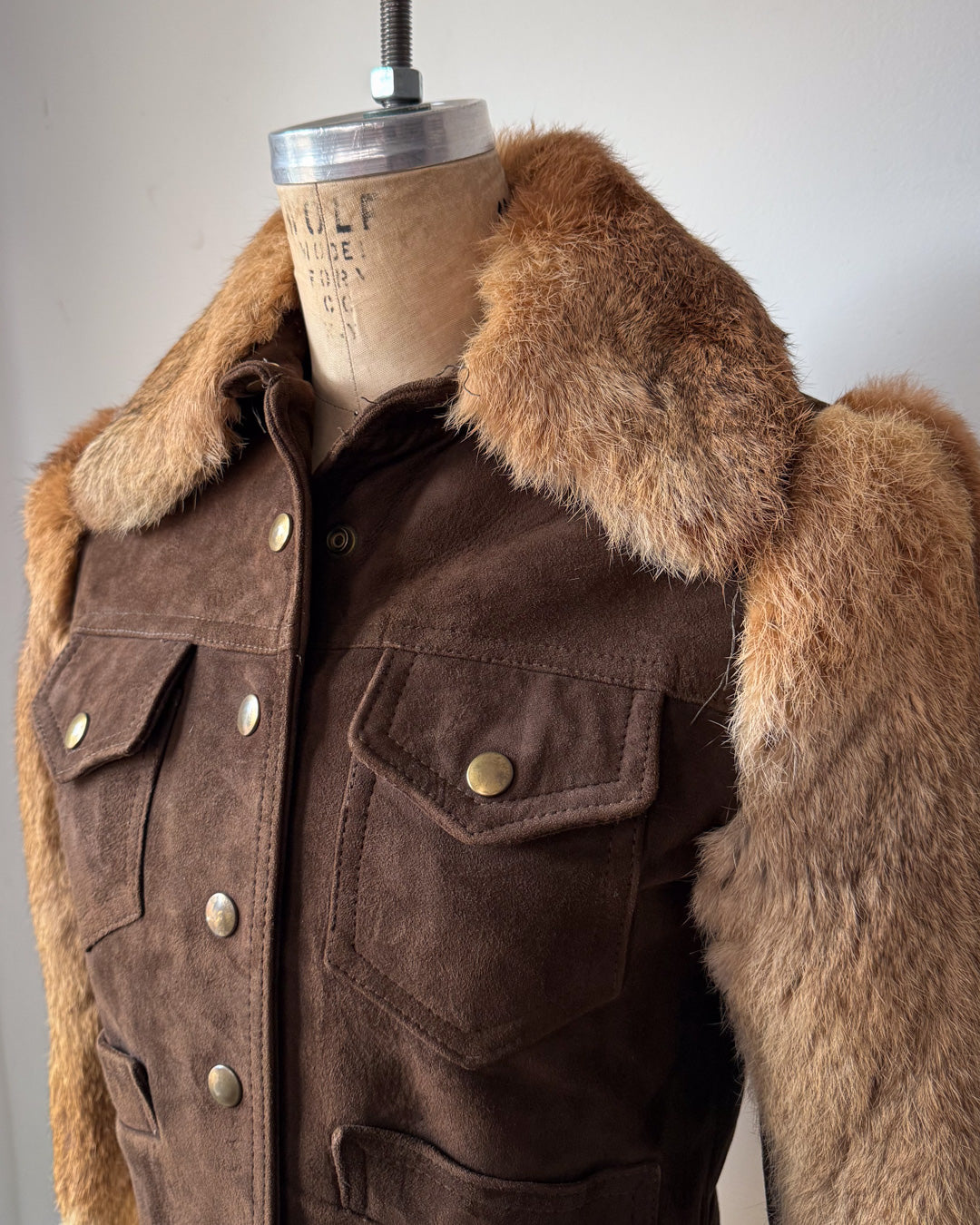 70s Brown Rabbit Fur & Suede Leather Crop Jacket / XS-S