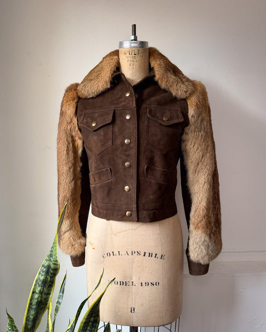 70s Brown Rabbit Fur & Suede Leather Crop Jacket / XS-S