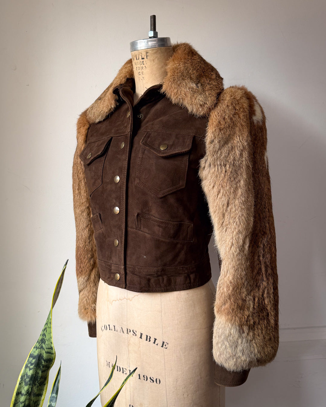 70s Brown Rabbit Fur & Suede Leather Crop Jacket / XS-S