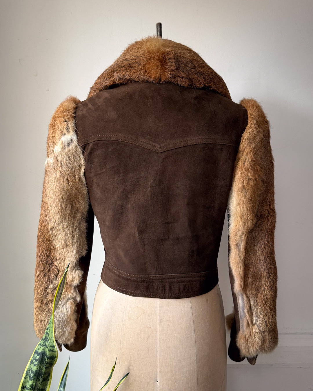 70s Brown Rabbit Fur & Suede Leather Crop Jacket / XS-S