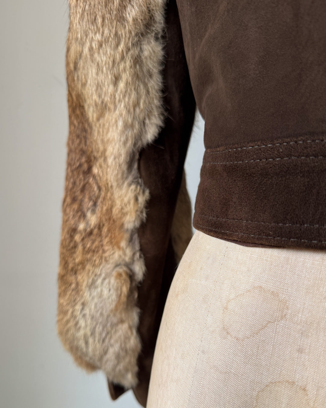 70s Brown Rabbit Fur & Suede Leather Crop Jacket / XS-S