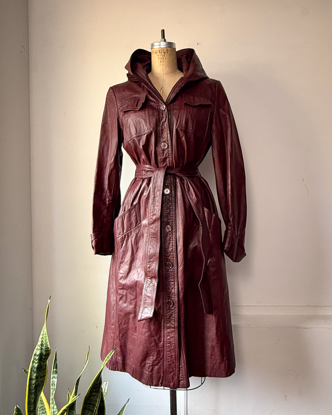 70s Burgundy Red Leather Hooded Long Belted Jacket / S