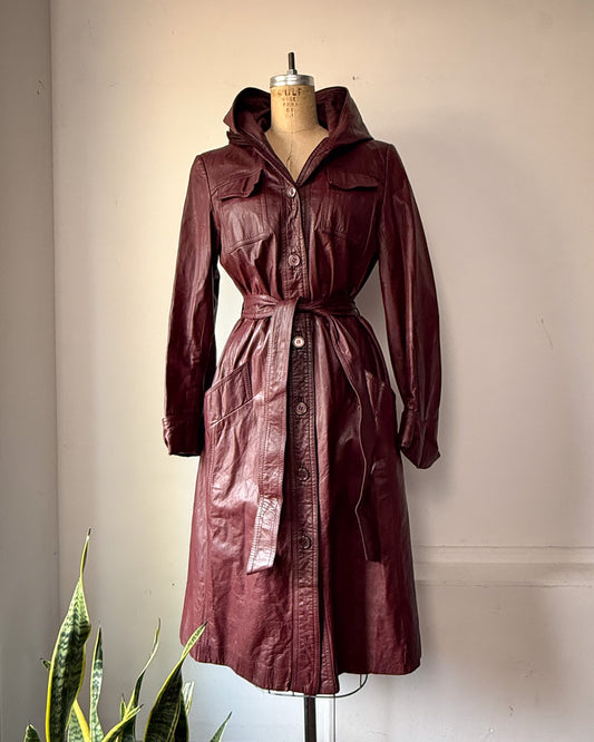 70s Burgundy Red Leather Hooded Long Belted Jacket / S