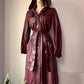 70s Burgundy Red Leather Hooded Long Belted Jacket / S