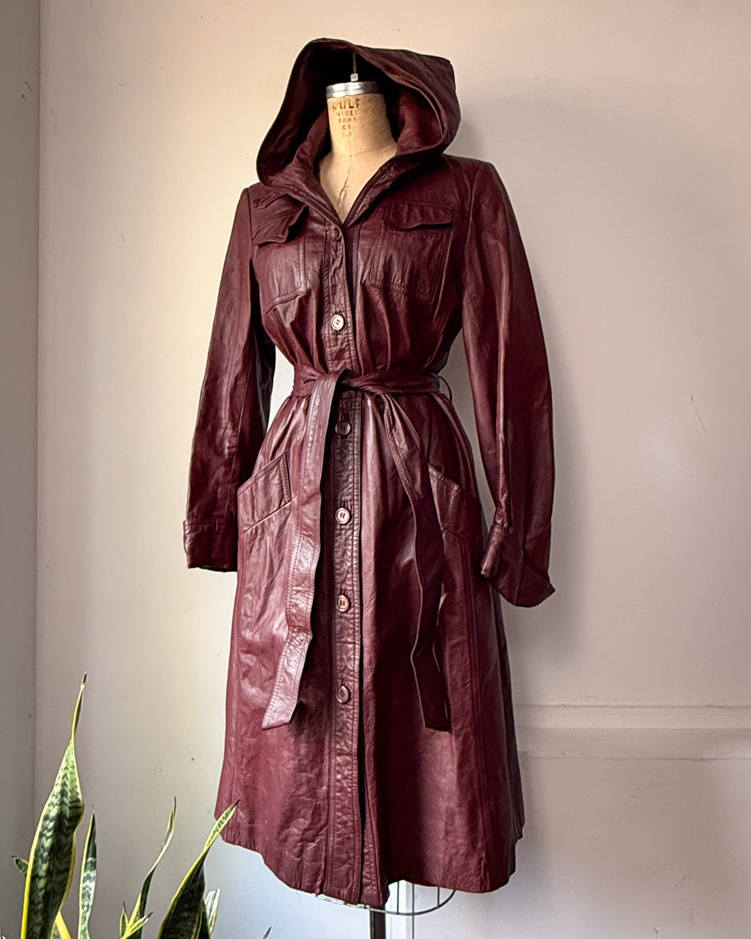 70s Burgundy Red Leather Hooded Long Belted Jacket / S