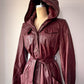 70s Burgundy Red Leather Hooded Long Belted Jacket / S