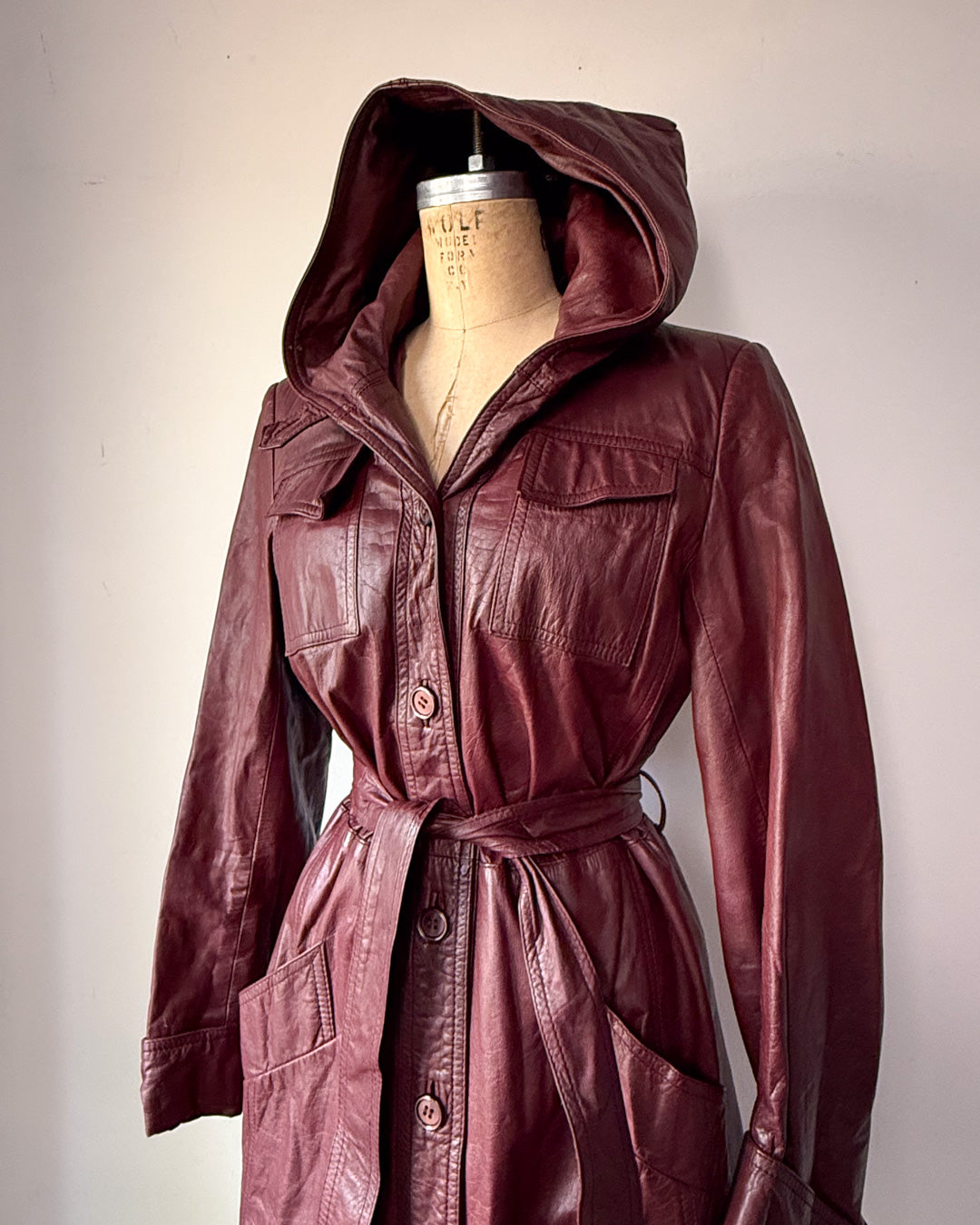 70s Burgundy Red Leather Hooded Long Belted Jacket / S