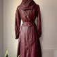 70s Burgundy Red Leather Hooded Long Belted Jacket / S