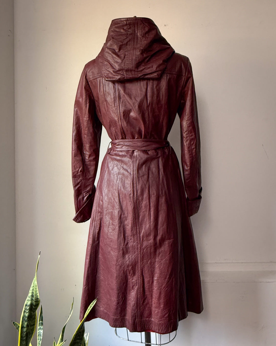 70s Burgundy Red Leather Hooded Long Belted Jacket / S