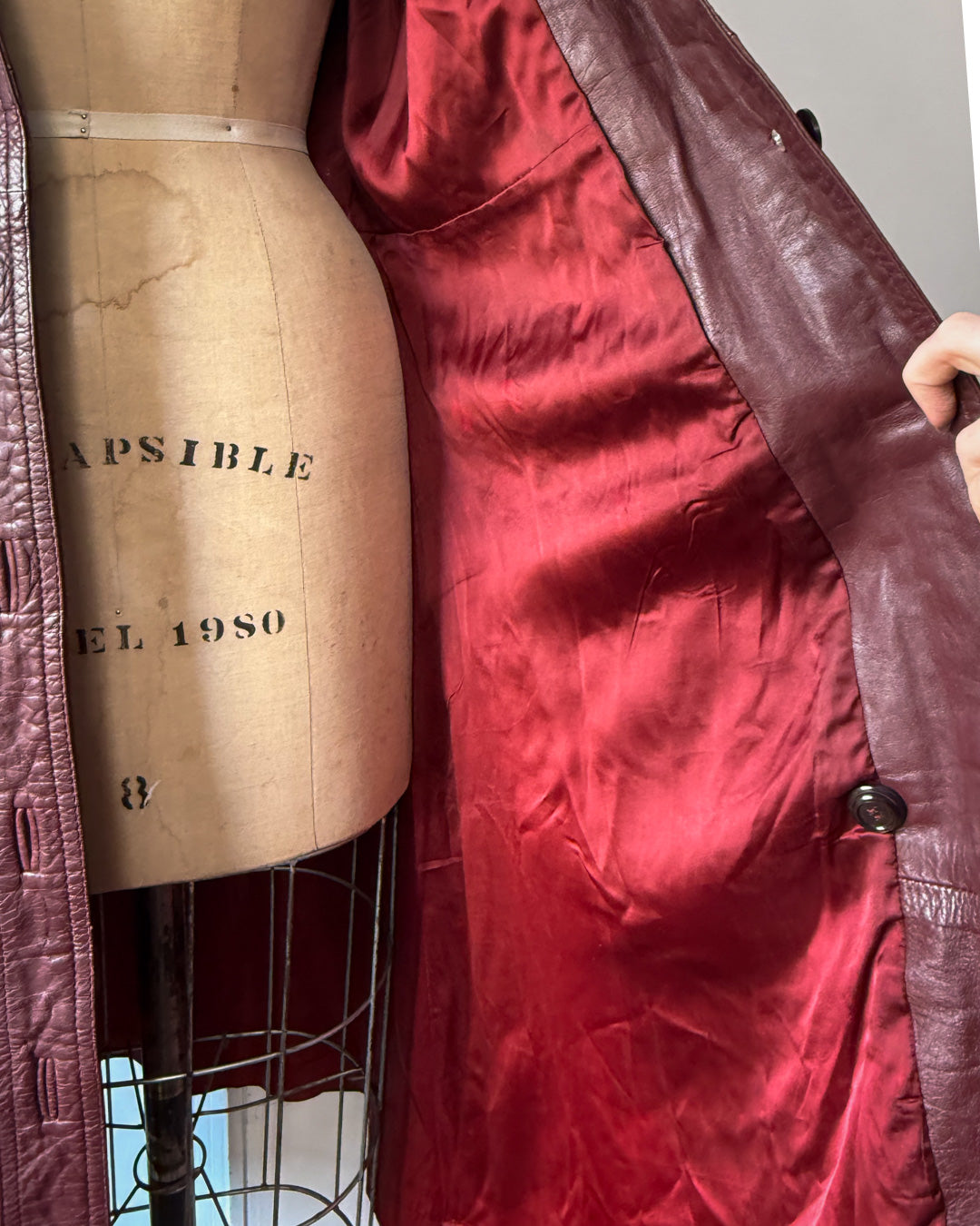 70s Burgundy Red Leather Hooded Long Belted Jacket / S