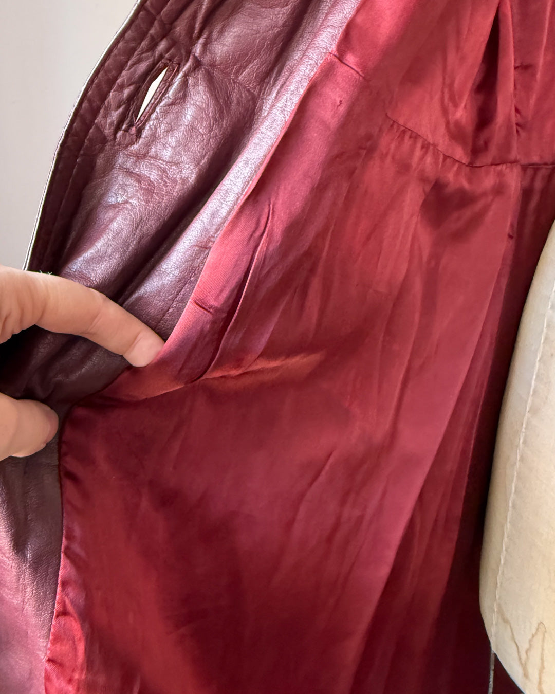 70s Burgundy Red Leather Hooded Long Belted Jacket / S