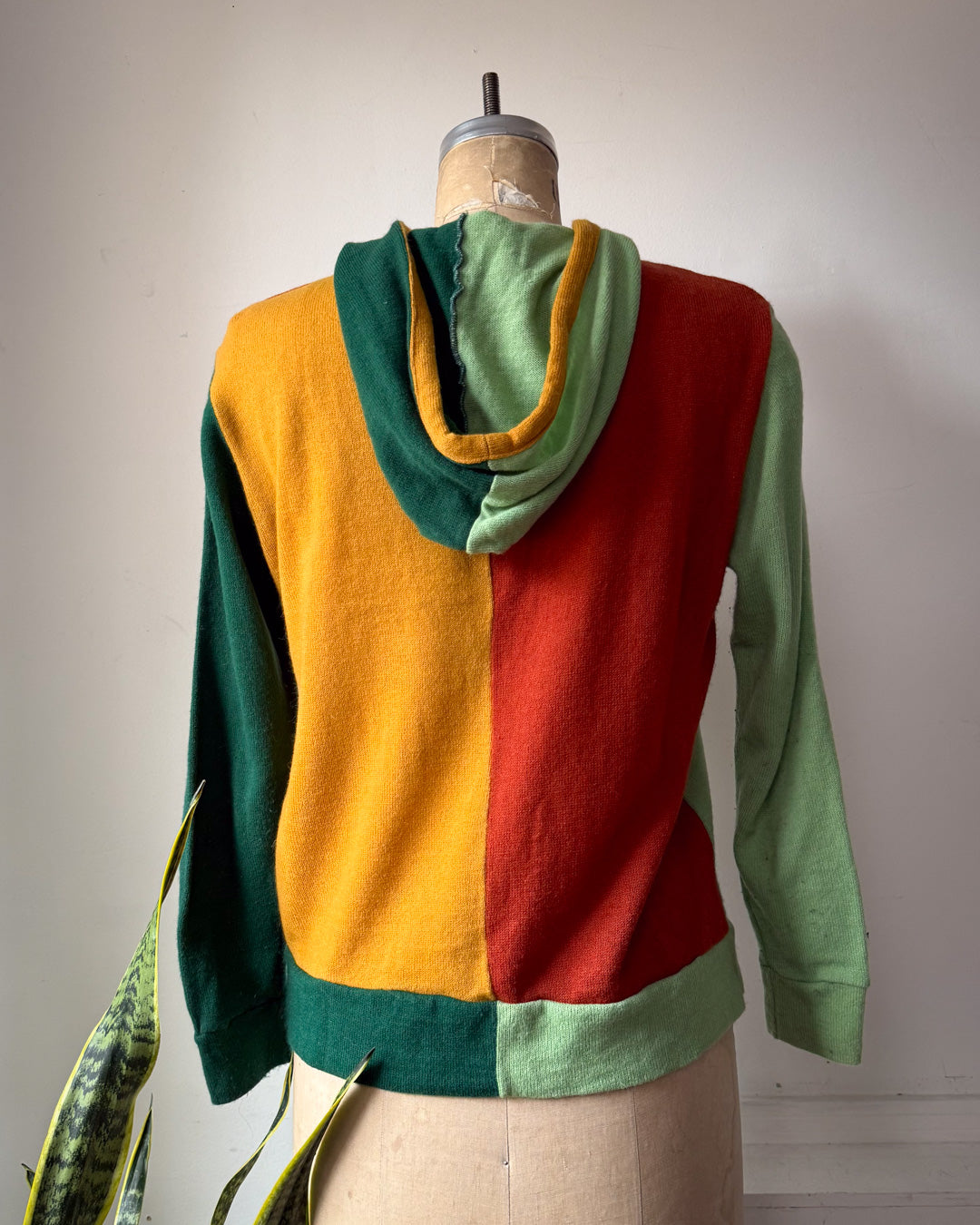 70s Rainbow Colorful Colorblock Hooded Knit Sweater Jacket / M