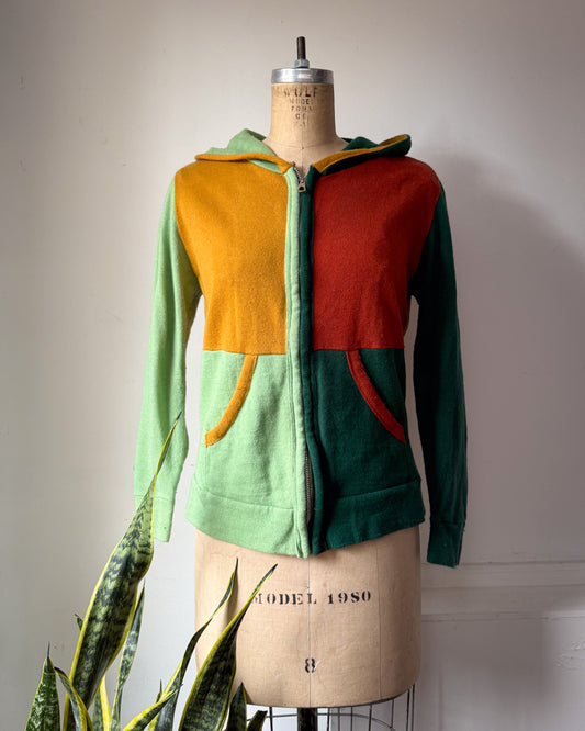70s Rainbow Colorful Colorblock Hooded Knit Sweater Jacket / M