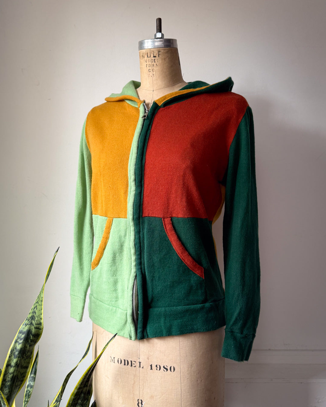 70s Rainbow Colorful Colorblock Hooded Knit Sweater Jacket / M